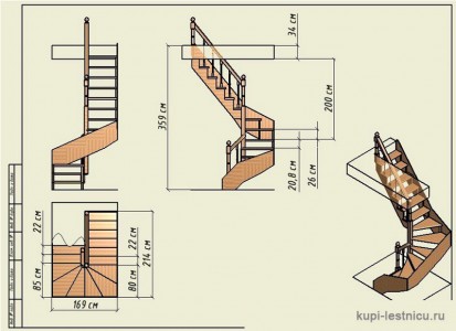 Крім цього, сходи повинна підходити до конфігурації і площі прорізу в міжповерховому перекритті, через яке буде відбуватися завершення підйому на другий поверх